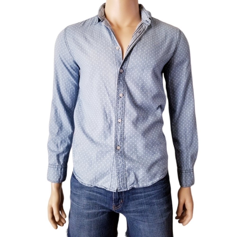 Forever 21 Men Blue Polka Dot Button Down Shirt